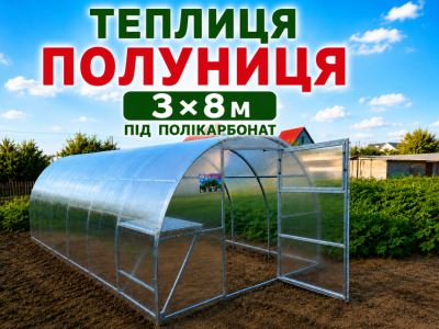 Теплиця "ПОЛУНИЦЯ" з квадратної оцинкованої труби (3м*8м*2м)