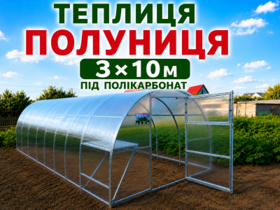 Теплиця "ПОЛУНИЦЯ" з квадратної оцинкованої труби (3м*10м*2м)