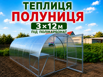 Теплиця "ПОЛУНИЦЯ" з квадратної оцинкованої труби (3м*12м*2м)